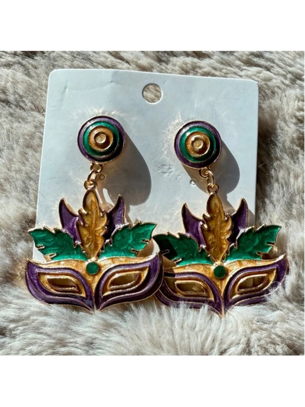 NEW Mardi Gras Carnivale Tri-color Masquerade Mask Dangle Post Earrings NWT